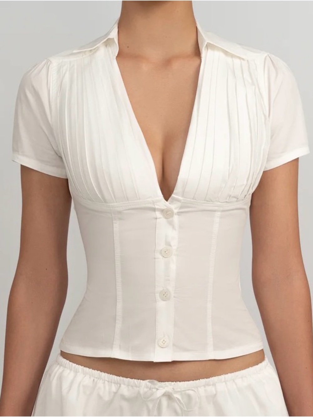 White Pleated V-Neck Button Front Top - Picture 2 of 8